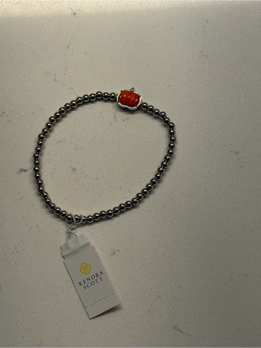 Kendra Scott Silver Beaded Stretch Bracelet with Orange Pumpkin Charm